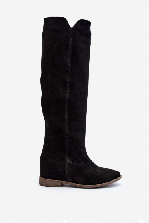 Zazoo 3407 Suede Knee-High Boots with Flat Heel Black