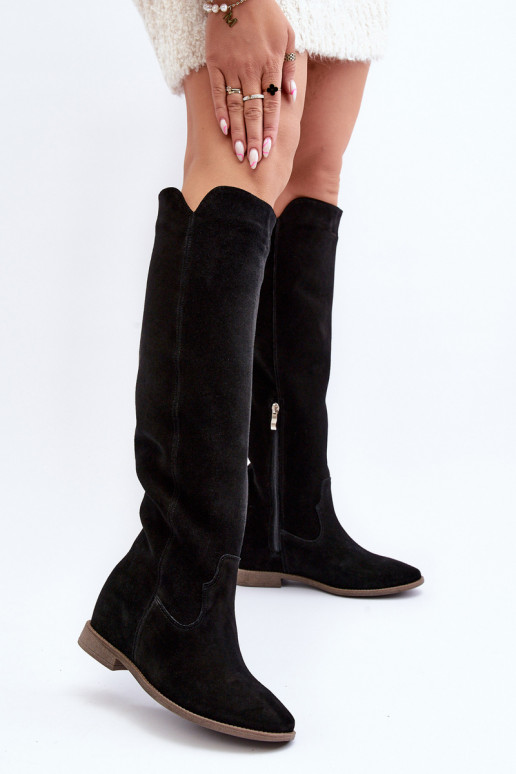 Zazoo 3407 Suede Knee-High Boots with Flat Heel Black
