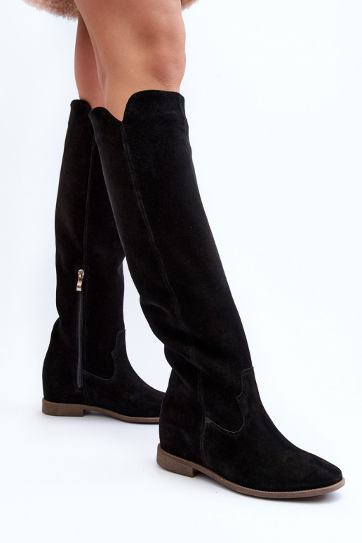 Zazoo 3407 Suede Knee-High Boots with Flat Heel Black