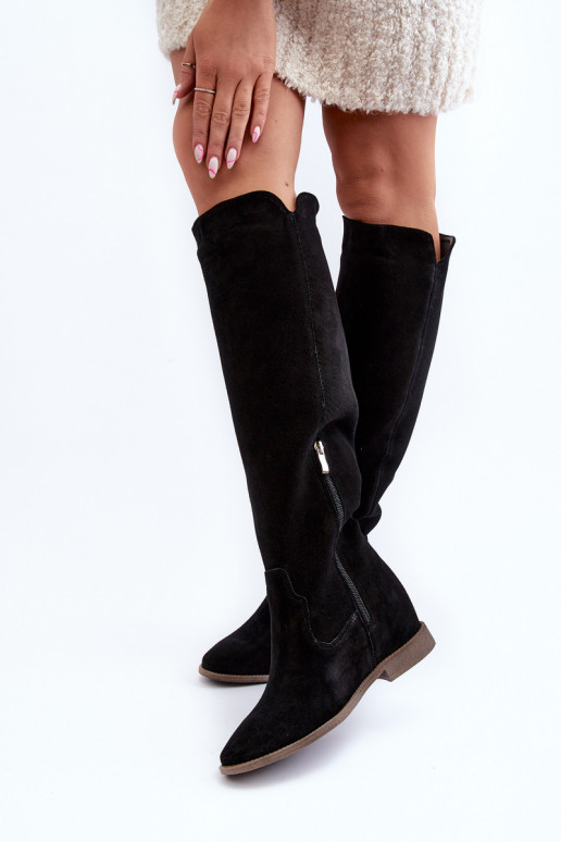 Zazoo 3407 Suede Knee-High Boots with Flat Heel Black