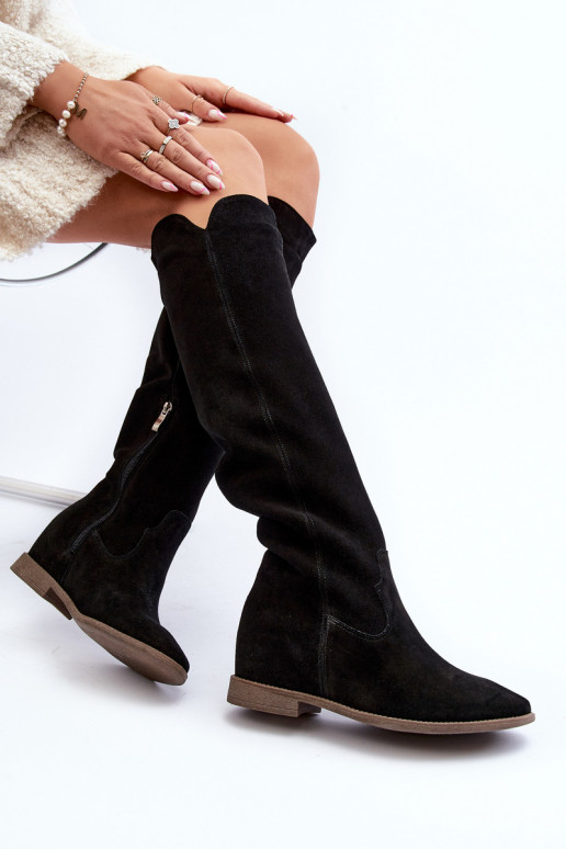 Zazoo 3407 Suede Knee-High Boots with Flat Heel Black