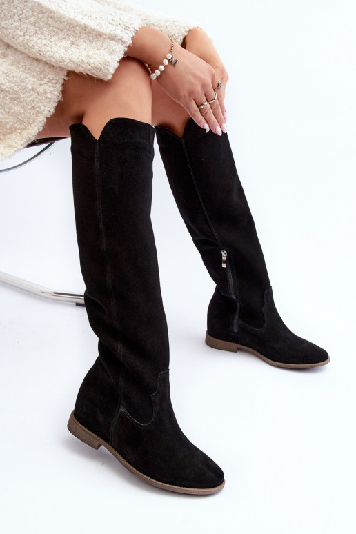Zazoo 3407 Suede Knee-High Boots with Flat Heel Black