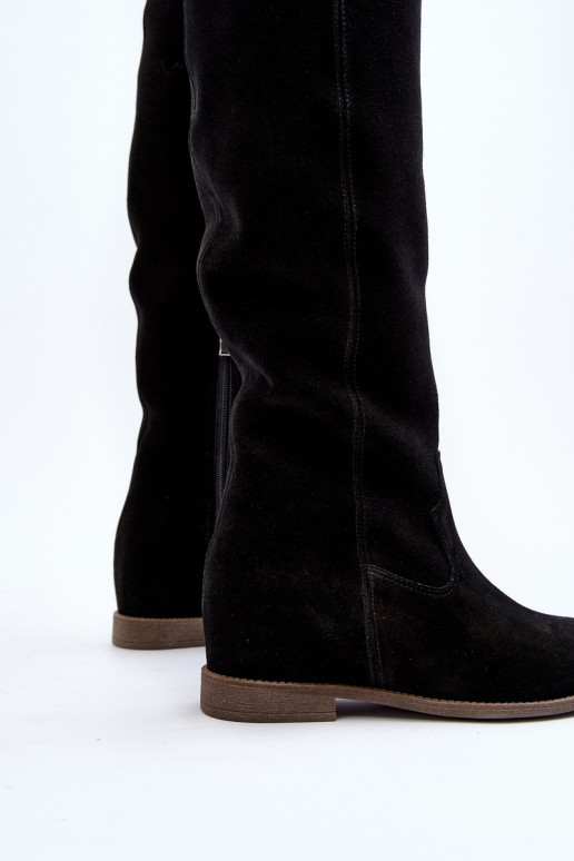 Zazoo 3407 Suede Knee-High Boots with Flat Heel Black