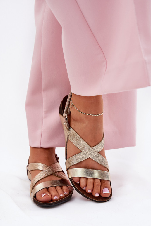 Płaskie Skórzane Sandały Damskie Zazoo 40032 Złote