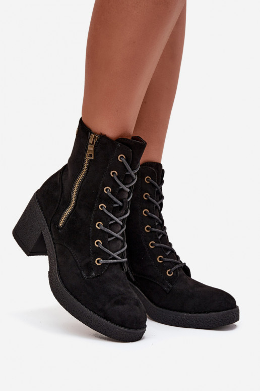 Ocieplane Botki Damskie Ze Sznurowaniem I Suwakami Czarne Paressa