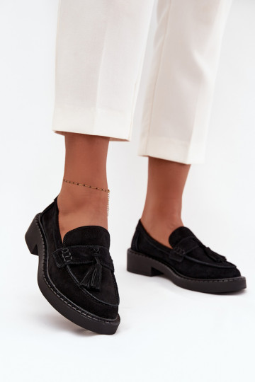 Women's Suede Loafers with Fringes D&A TW107 Black 2