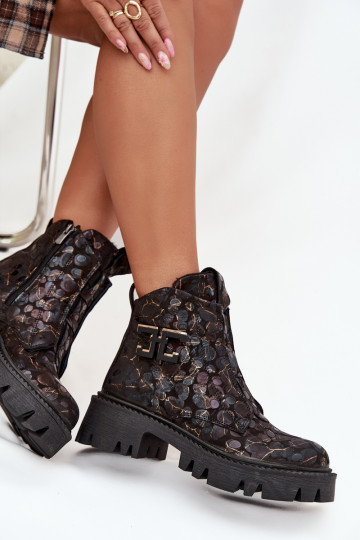 Leather Women's Ankle Boots With Decoration Lined Artiker 57C2084 Black-Golden