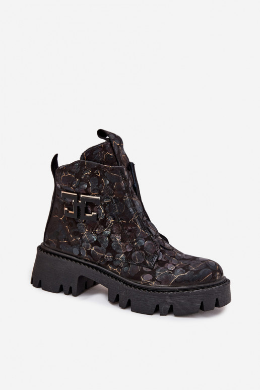 Skórzane Botki DamskiewithOzdobą Ocieplane Artiker 57C2084 Czarno-Złote