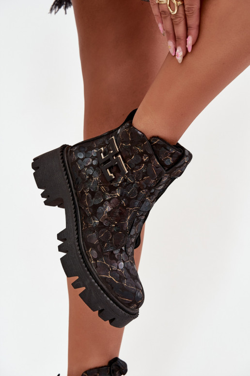 Leather Women's Ankle Boots With Decoration Lined Artiker 57C2084 Black-Golden