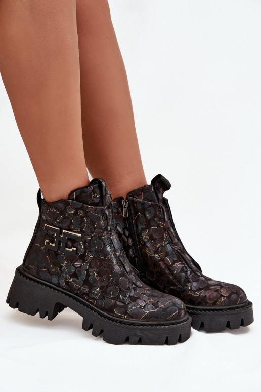 Skórzane Botki DamskiewithOzdobą Ocieplane Artiker 57C2084 Czarno-Złote