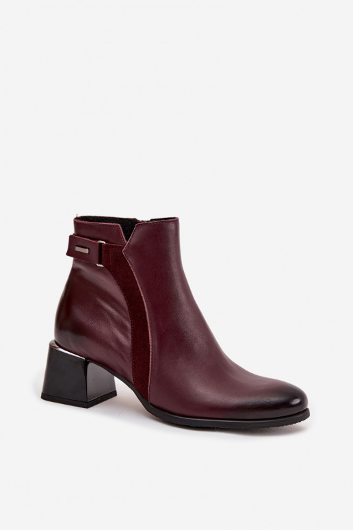 Skórzane Botki Damskie Na Obcasie Ocieplane Zazoo 60563 Bordowe