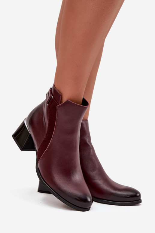 Skórzane Botki Damskie Na Obcasie Ocieplane Zazoo 60563 Bordowe