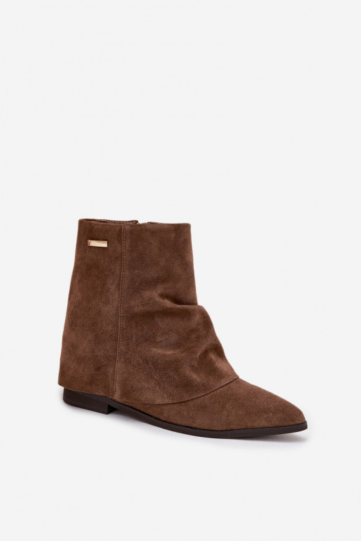 Insulated ankle boots with hidden wedge with turned-up shaft Eco suede brown Tavella Insulated ankle boots with hidden wedge with turned-up shaft Eco suede brown Tavella
