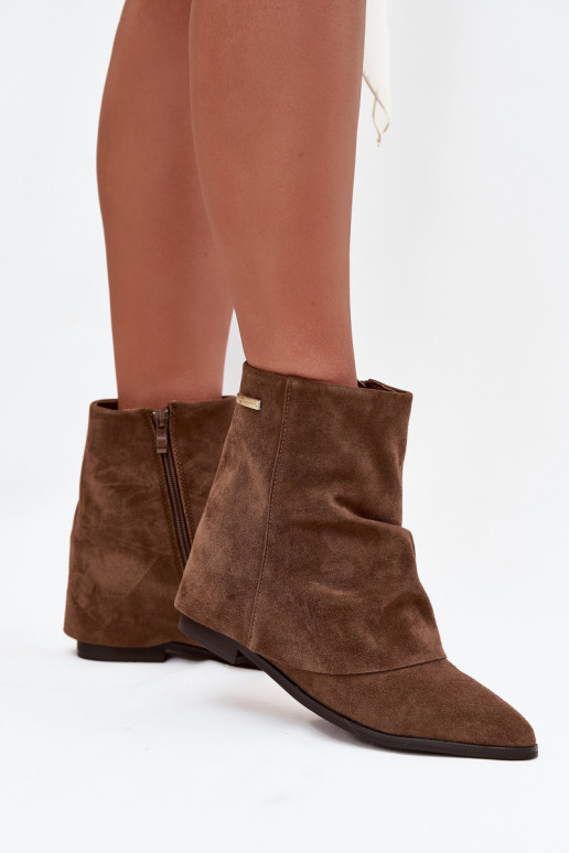 Insulated ankle boots with hidden wedge with turned-up shaft Eco suede brown Tavella Insulated ankle boots with hidden wedge with turned-up shaft Eco suede brown Tavella