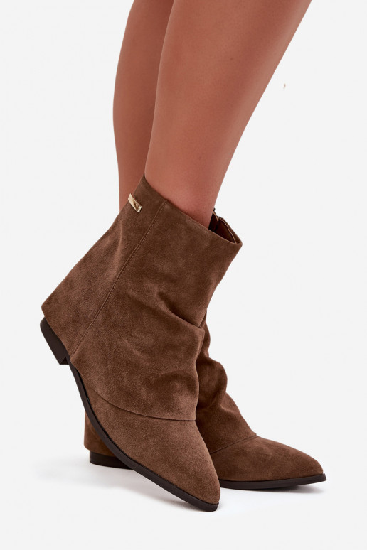 Insulated ankle boots with hidden wedge with turned-up shaft Eco suede brown Tavella Insulated ankle boots with hidden wedge with turned-up shaft Eco suede brown Tavella