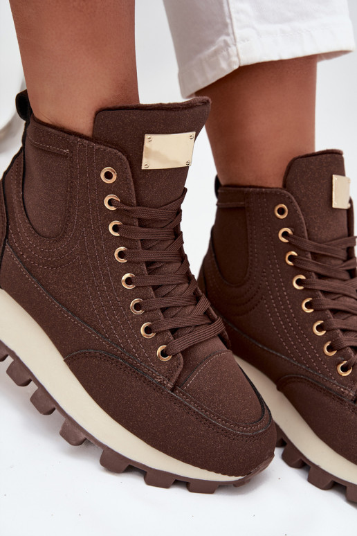 Ocieplane Trapery Damskie Na Platformie Brązowe Marivira