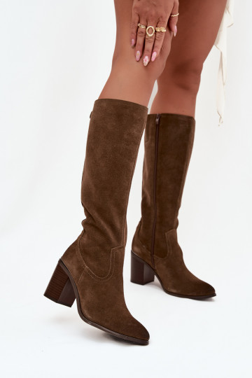 Women's Boots Made of Natural Suede Lined Heeled Block Sergio Leone KZ25668-S Olive