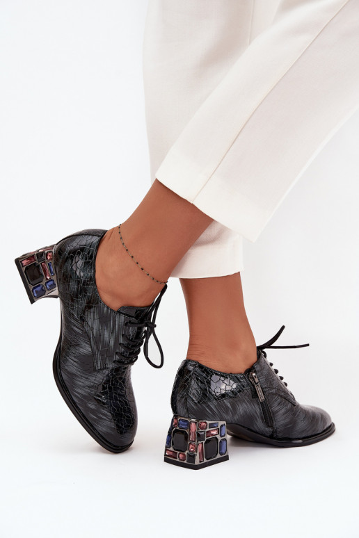 Skórzane Lakierowane Półbuty Damskie Na ObcasiewithKryształkami Artiker 57C0072 Szare