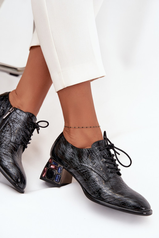 Skórzane Lakierowane Półbuty Damskie Na ObcasiewithKryształkami Artiker 57C0072 Szare