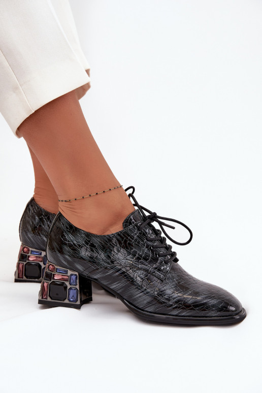 Skórzane Lakierowane Półbuty Damskie Na ObcasiewithKryształkami Artiker 57C0072 Szare