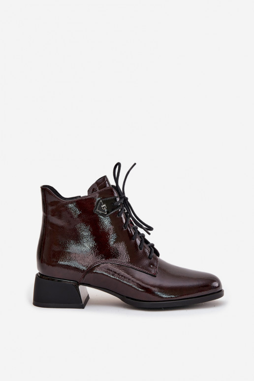 Skórzane Lakierowane Botki Damskie Na Klocku Artiker 57C1119 Bordowe Skórzane Lakierowane Botki Damskie Na Klocku Artiker 57C1119 Bordowe