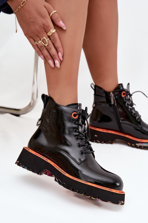 Women's ankle boots made of patent natural leather insulated Artiker 57C0061 Black