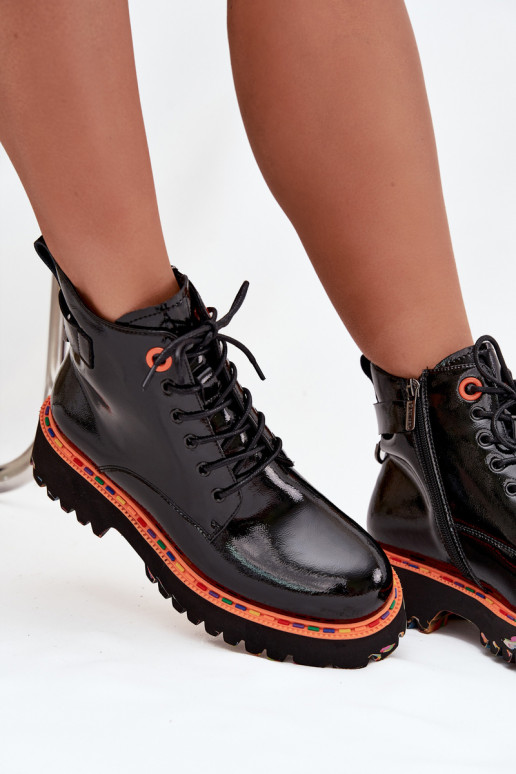 Women's ankle boots made of patent natural leather insulated Artiker 57C0061 Black