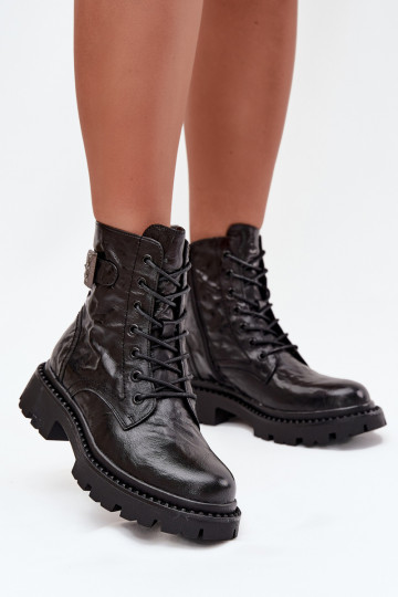 Leather Women's Ankle Boots with Wrinkled Effect and Buckle Artiker 57C1008 Black 2