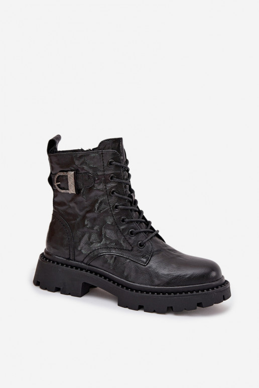 Leather Women's Ankle Boots with Wrinkled Effect and Buckle Artiker 57C1008 Black