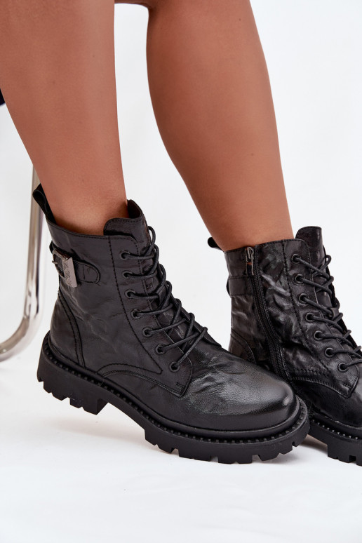 Skórzane Botki DamskiewithEfektem Marszczenia I Klamrą Artiker 57C1008 Czarne