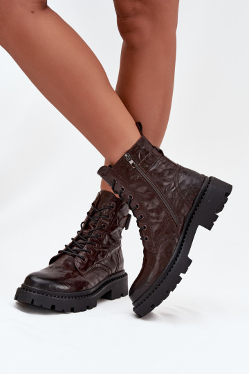 Leather Women's Ankle Boots With Wrinkled Effect And Buckle Artiker 57C1007 Chocolate 2