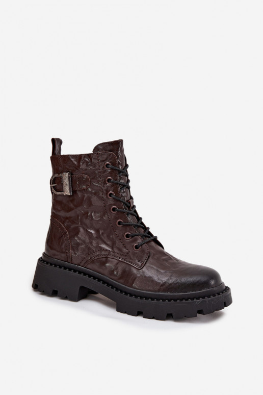 Leather Women's Ankle Boots With Wrinkled Effect And Buckle Artiker 57C1007 Chocolate