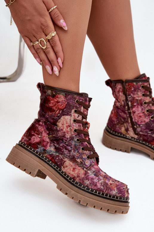 Wzorzyste Botki Damskie Ocieplane Artiker 57C1055 Bordowe