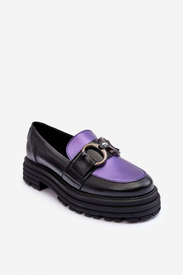 Women's Leather Loafers on Flat Heel Black-Purple Elkiza 2