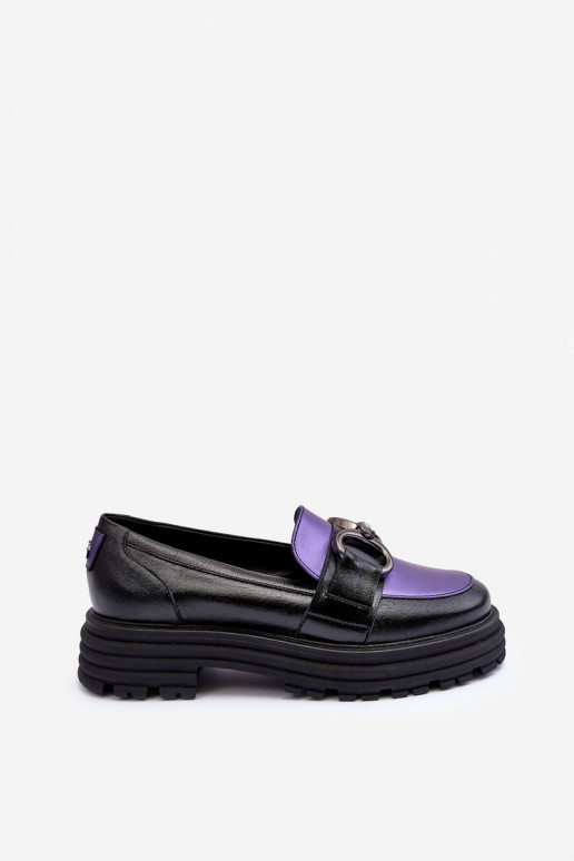 Women's Leather Loafers on Flat Heel Black-Purple Elkiza