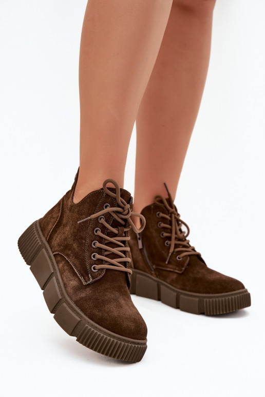 Zamszowe Niskie Botki Damskie Na Platformie Big Star SS274595 Brązowe