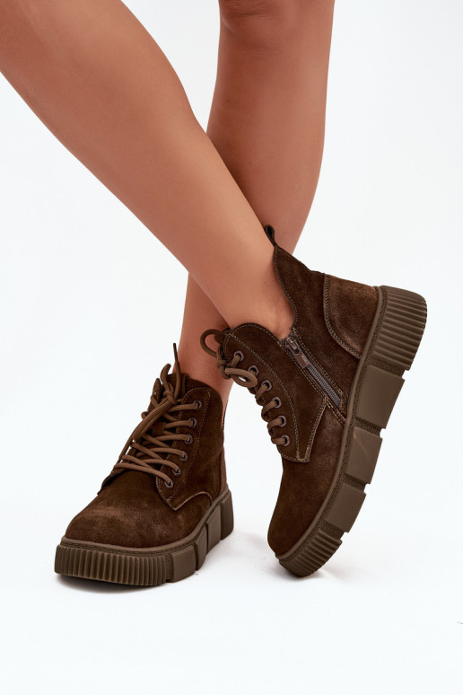 Zamszowe Niskie Botki Damskie Na Platformie Big Star SS274595 Brązowe