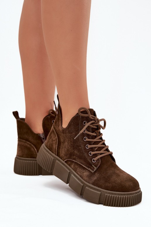 Zamszowe Niskie Botki Damskie Na Platformie Big Star SS274595 Brązowe