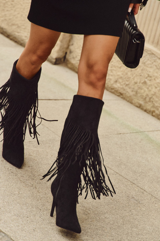 Women's High Heel Boots with Fringes Black Isalune
