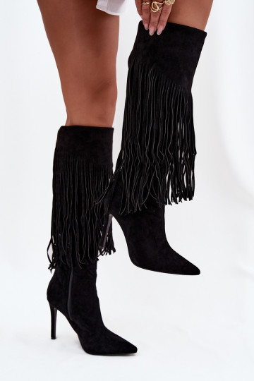 Women's High Heel Boots with Fringes Black Isalune 2