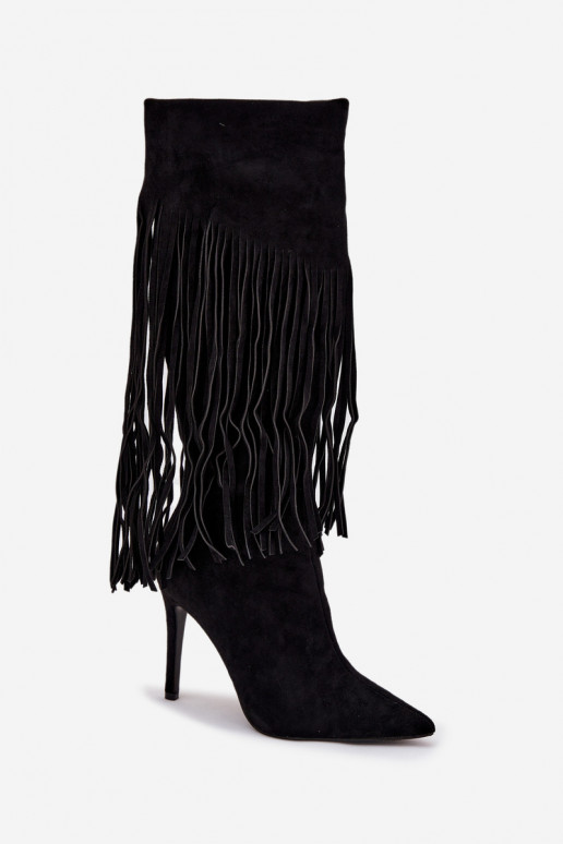 Women's High Heel Boots with Fringes Black Isalune