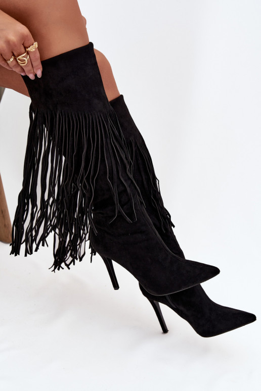 Women's High Heel Boots with Fringes Black Isalune
