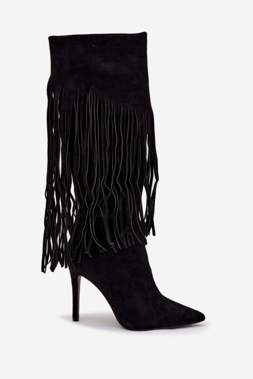 Women's High Heel Boots with Fringes Black Isalune