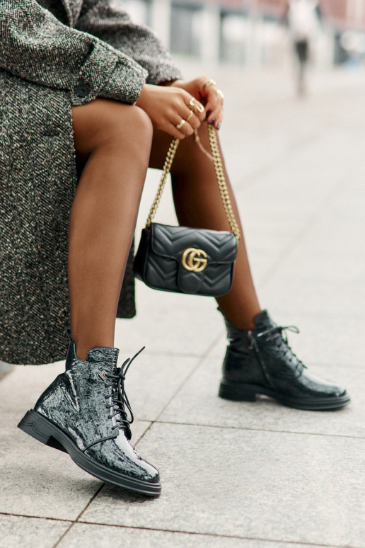 Leather Patent Ankle Boots Women's Insulated Zip D&A LZ42-042 Dark Green