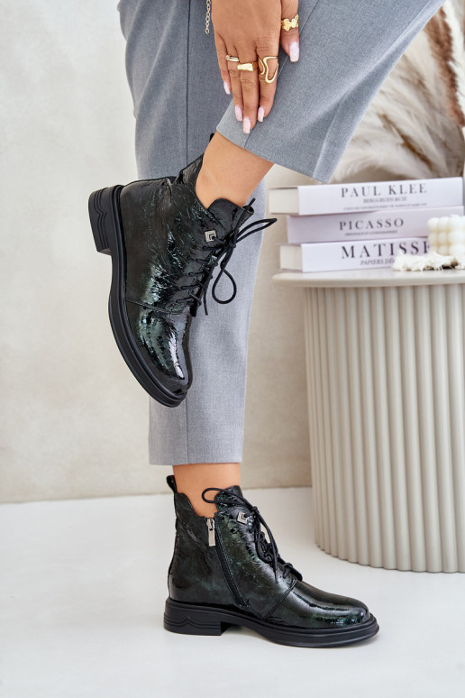 Leather Patent Ankle Boots Women's Insulated Zip D&A LZ42-042 Dark Green