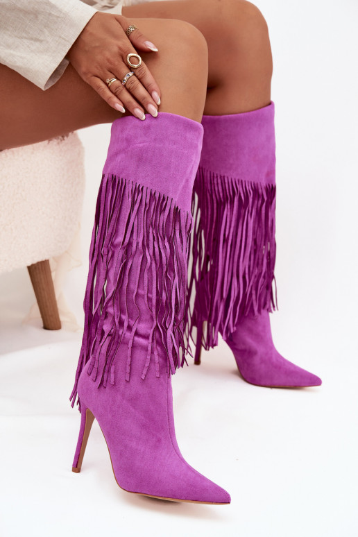 Women's High Heel Boots with Fringes Purple Isalune Women's High Heel Boots with Fringes Purple Isalune