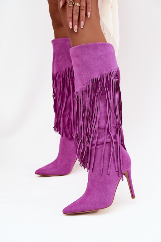Women's High Heel Boots with Fringes Purple Isalune Women's High Heel Boots with Fringes Purple Isalune