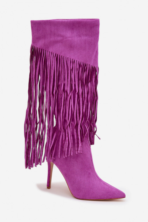 Women's High Heel Boots with Fringes Purple Isalune Women's High Heel Boots with Fringes Purple Isalune