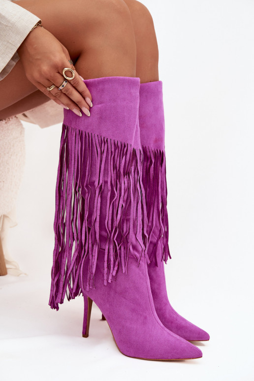 Women's High Heel Boots with Fringes Purple Isalune Women's High Heel Boots with Fringes Purple Isalune