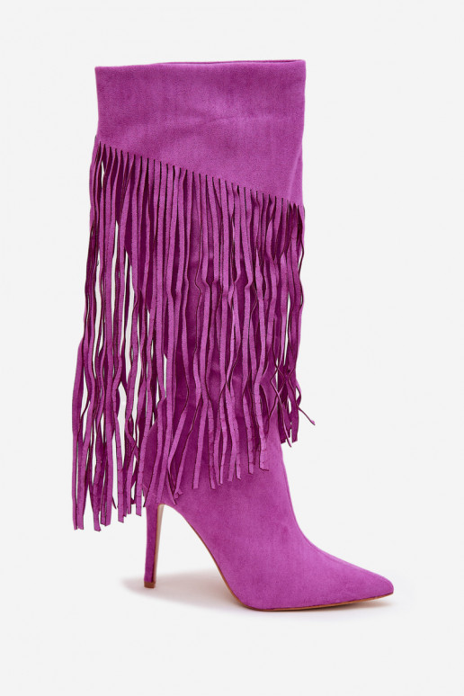 Women's High Heel Boots with Fringes Purple Isalune Women's High Heel Boots with Fringes Purple Isalune